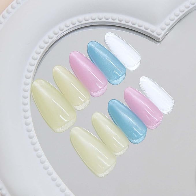 30Pcs Press on Nails Short Almond ZWENJIE Cat Eye Fake Nails Press ons Nail Tips Stick on Nails Glitter Tip Acrylic Nails Kit French False Nails with Rhinestone Design Nail Art for Women Manicure