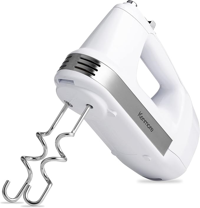 Kenmore 5-Speed Hand Mixer/Blender, 250 Watts, with Beaters, Dough Hooks, Liquid Blending Rod, Automatic Cord Retract, Burst Control, and Clip-On Accessory Storage