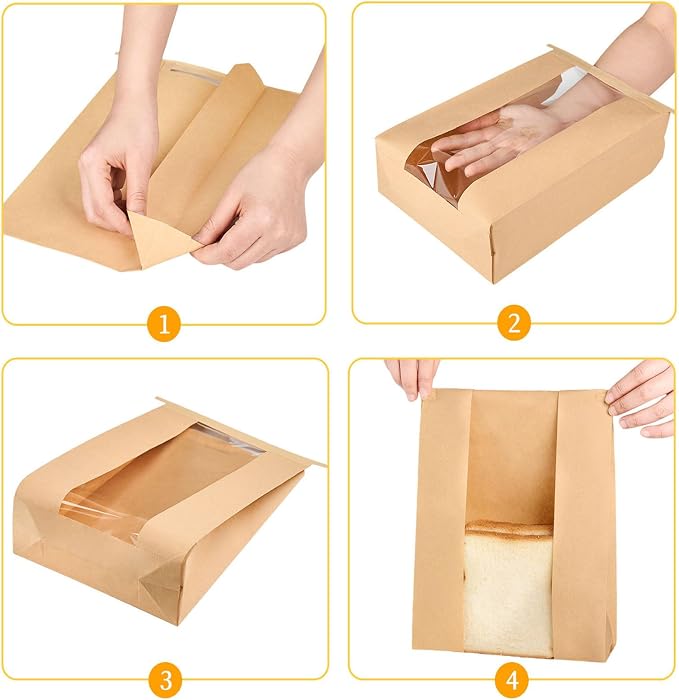 Ocmoiy 100Pcs Tin Tie Tab Lock Large Paper Bread Bags for Homemade Sourdough Bread Bags 13.7x8.2x3.5 Inch Resealable Bakery Bags with Window Thank You Stickers