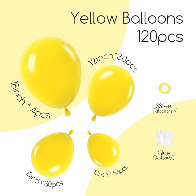 120pcs Yellow Balloon Arch Kit, 18 12 10 5 inch Yellow Latex Balloons Different Sizes Balloon Garland for Baby Shower Sunflower Bee Wedding Birthday Party Decorations