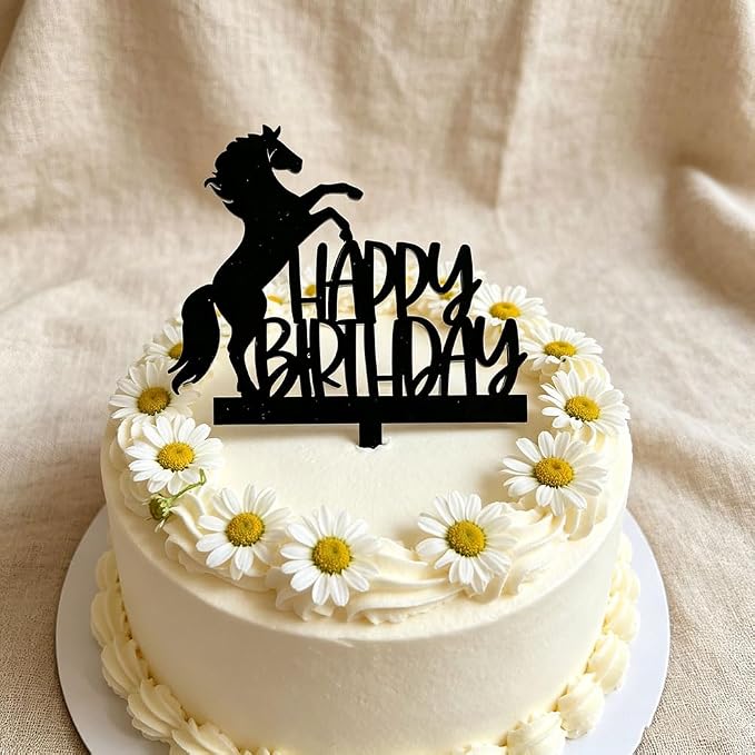 Black Acrylic Horse Happy Birthday Cake Topper, Horse Theme Party Decoration for Boys, Girls, Men, Women & Kids Birthday Party Decoration Supplies (Design2)