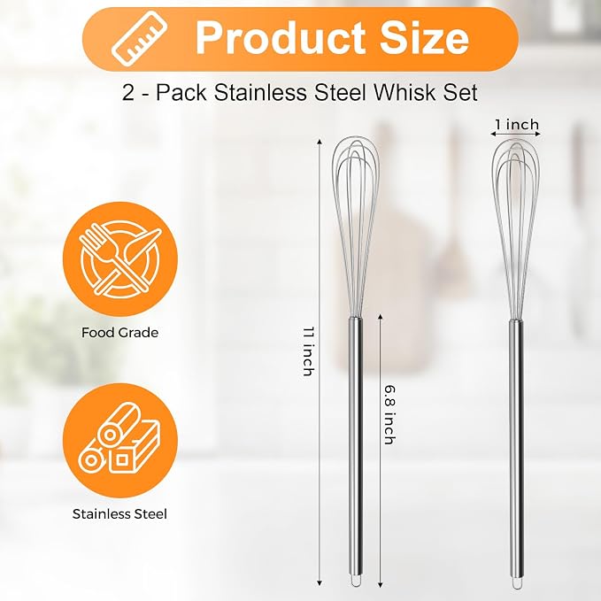 2 Pcs 11-Inch Mini Whisk, Stainless Steel Small Whisk with Long Handle, Kitchen Stirrer for Coffee, Eggs, Sauces and Baking, Durable Tiny Whisks Tool for Home & Kitchen Use