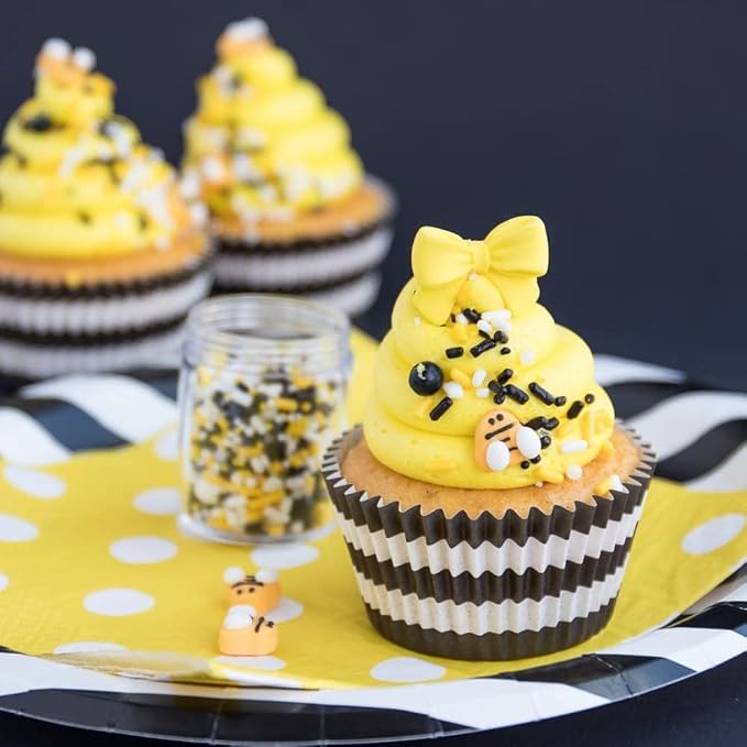 Bumble Bee Sprinkles for Cake Decorating and Baking Cookies, Cupcakes - Edible Batman Sprinkles and Bee Cake Decorations in Yellow Black White Jimmies, Nonpareils, Sugar Crystal, and Pearl