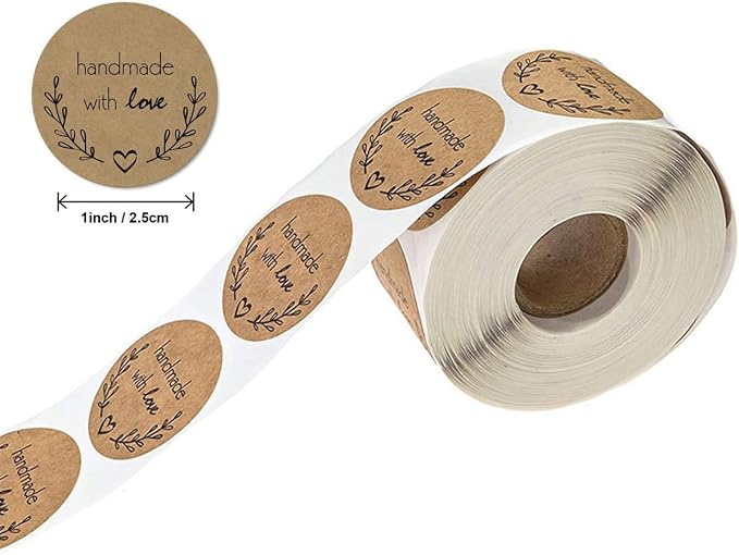 Handmade Stickers Rolls - 4 Rolls 2000 Pieces Handmade with Love Stickers Labels for Envelopes, Bubble Mailers Gift Bags Packaging Party Wrap Decor, 1 Inch，500 Pieces Each Roll