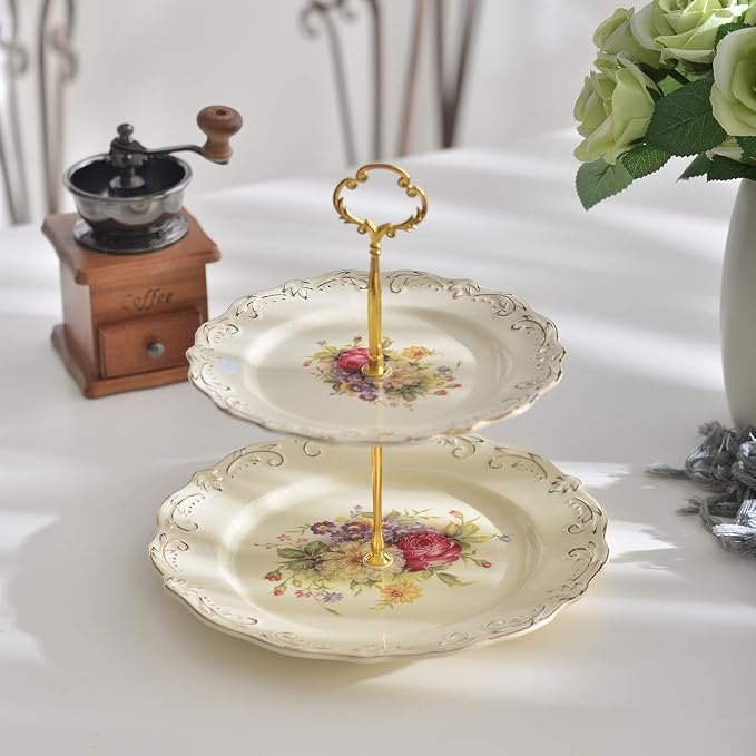 YOLIFE Flowering Shrubs 3 Tiered Cupcake Stand, Emboss Golden Leaves Edge Pastry Tower, 6-8-10 inch