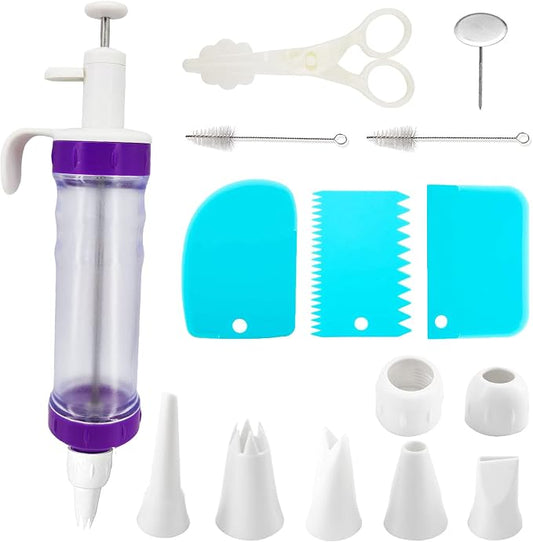 15 Pcs Cake Decorating Baking Syringe Tool Kit, Cupcake Filling Injector with Icing Nozzles Cream Scrapers Nozzle Brush Flower Nail Lifter Scissors Pastry Frosting Gun Piping Kit for Cookies