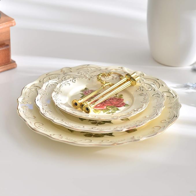 YOLIFE Pink Rose Pattern 3 Tiered CupCake Stand, Emboss Golden Leaves Edge Porcelain 3 Tier Pastry Desert Fruit Stand