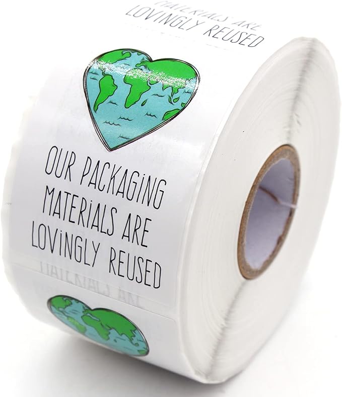 Muminglong 1.5 Inch Our Packing Materials Are Lovingly Reused Sticker, Thank You, Reused Box, Recycling Label, Love Shaped Earth, Handmade, Packaging, 500 PCS