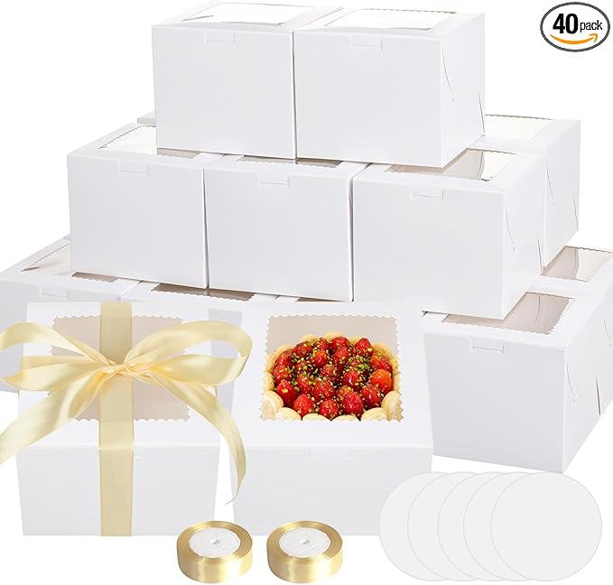 Retainbre 40pcs 6x6x5 Inch Mini Cake Boxes with Cake Boards Small Bakery Boxes with Window 6 Inch Bento Cake Box for Cookie Pastry Wedding Birthday Party Christmas (20 Boxes and 20 Boards, White)