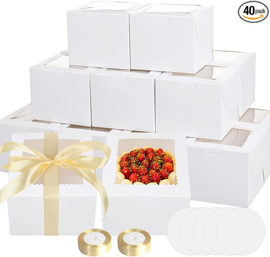 40pcs 8x8x5 Inch Cake Boxes with Cake Boards Cake Boxes 8 Inch with Window Disposable Bakery Containers for Cookie Pastry Cupcakes Wedding Birthday Party Christmas (20 Boxes and 20 Boards, White)