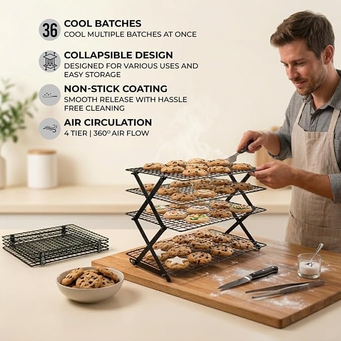 4 Tier Collapsible Cooling Rack for Baking with 12 Piece Cookie Cutter Set - Adjustable Stackable Wire Baking Rack, 3 Setting Design, Space Saving for Cookies, Cakes & Bread