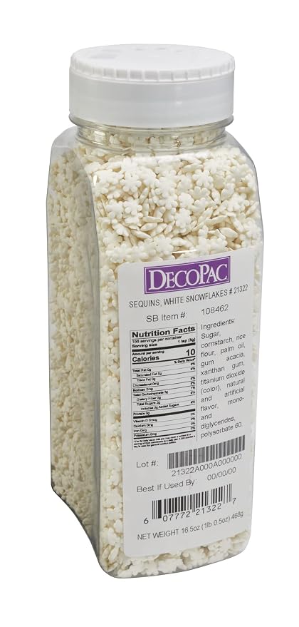 DecoPac White Snowflake Quins, 16.5oz, Fancy Sprinkles Shaped Like Snowflakes, Candy Sprinkles in Handheld Container, Edible Sprinkles For Celebration Cakes, Cupcakes, Cookies 1.03 Pound (Pack of 1)