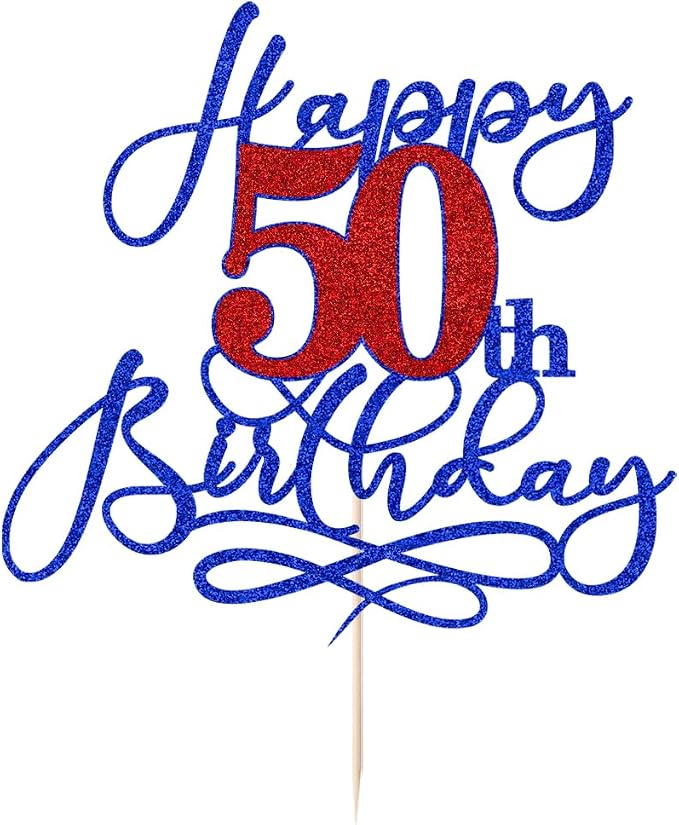 Happy 50th Birthday Cake Topper,Deep blue font red Numbers 50th Birthday Cake Decoration,Hello 50, Cheers to 50 Years/50th Anniversary,50& Fabulous Party Decoration