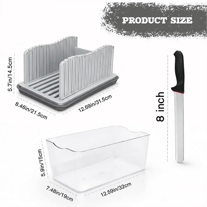Bread Slicer with Knife, Adjustable Slicer & Loaf Cutter for Homemade Bread with Crumb Tray, Storage Box & Plastic Bags for Easy Slicing.