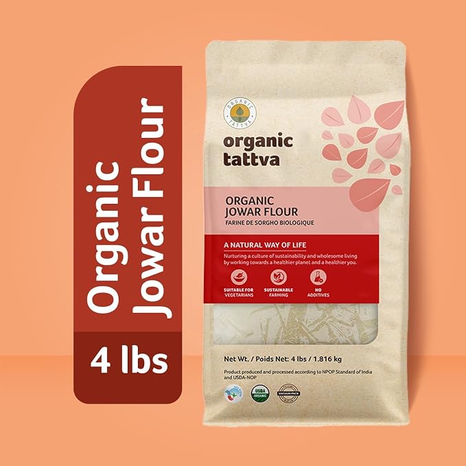 Organic Tattva Jowar Flour (4 lbs) - Organic Sorghum Flour from Sorghum Whole Grain - Gluten Free, Vegan & Kosher - Natural Plant Based Protein & Fiber - Chemical & Additives Free - USDA Certified
