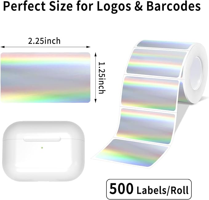 500Pcs 2.25"x1.25" Holographic Thermal Labels, Rectangle Thermal Printer Labels, Waterproof Direct Thermal Stickers for Logo Design, Name/Price Tag, QR Code, Address