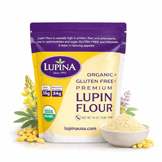 Lupina Organic Gluten-Free Lupin Flour – Pack 1–16 oz- High-Protein, High-Fiber, Low-Carb Plant-Based Flour – Non-GMO Vegan Superfood for Baking, Smoothies & Healthy Cooking