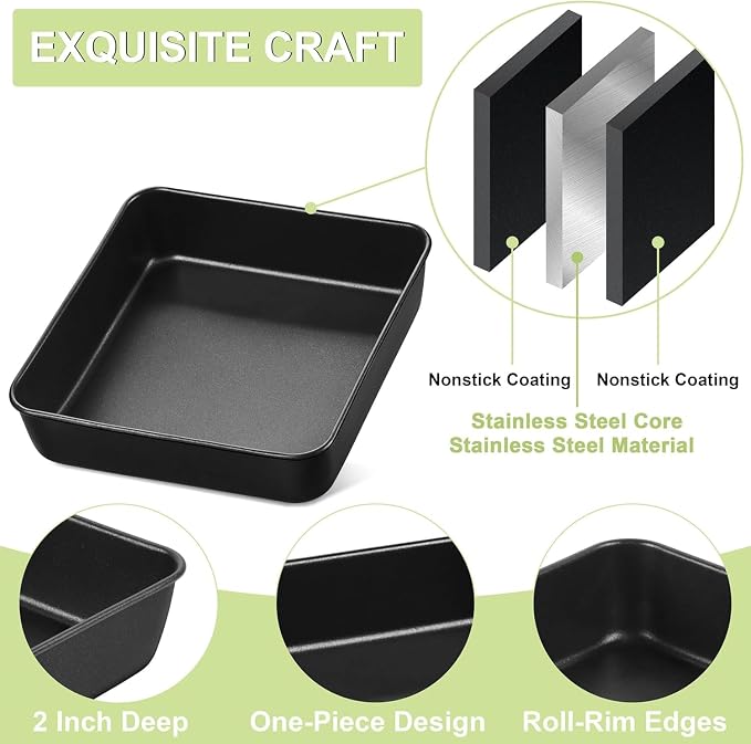E-far 9 Inch Square Cake Pan Set of 2, Nonstick 9x9 Baking Pan with Stainless Steel Core, Black Metal Bakeware for Brownies Lasagna Cakes, Non-toxic & Easy Clean, 2 Inch Deep