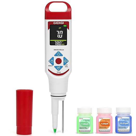 Food pH Meter with ATC, Spear Probe for Sourdough & Meat | Extended temperature electrode, color display, with calibration kit, for sourdough, kombucha, canning, sauce, cosmetic