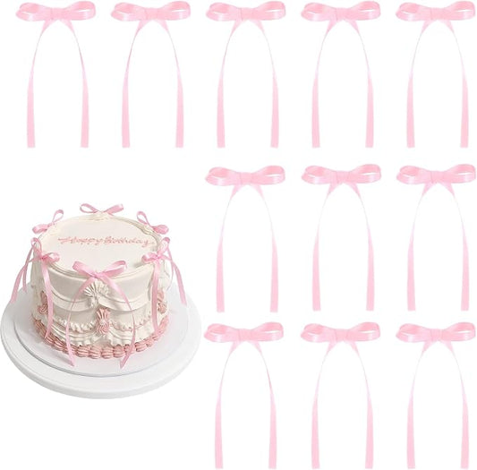 30 Pack Bow Cake Toppers Pink Ribbon Bows for Cake Coquette Themed Bow Cupcake Toppers Pink Bow Birthday Decorations for Baby Shower, Bridal, Engagement, Wedding, Bachelorette Party Decoration
