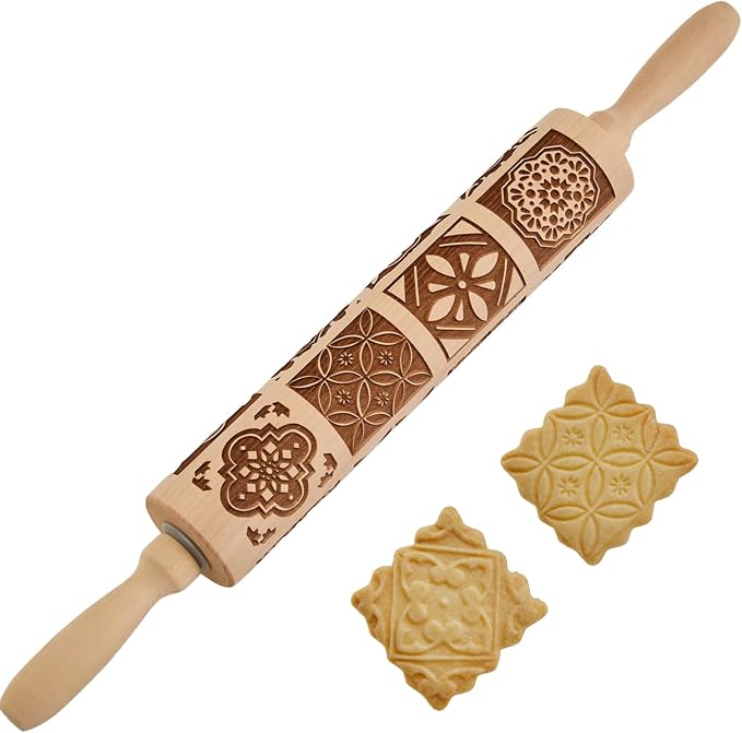 Gobam Embossed Rolling Pin for Cookies, Engraved Wooden Rolling Pin for Baking, Deep Pattern Cookie Roller for Christmas, Holiday, DIY Kitchen Decor and Gift - Vintage Tile