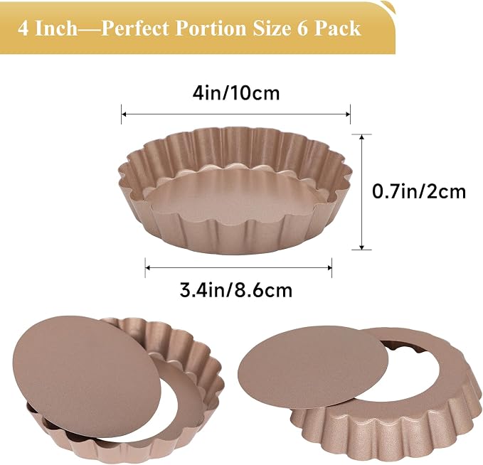 Tart Pan with Removable Bottom, Quiche Pans Carbon Steel Tart Mold for Baking (4-Inch Rose Gold-6PCS)