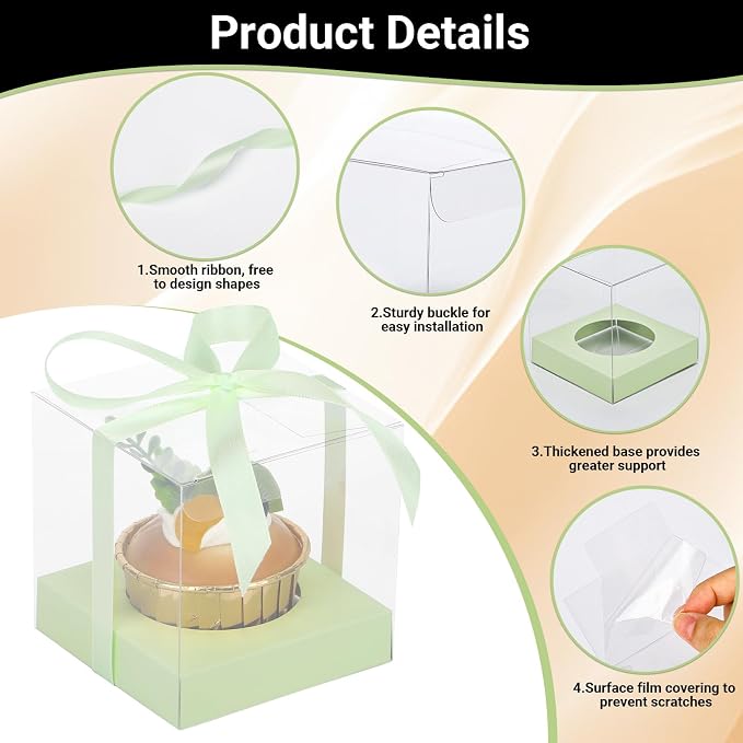 EUSOAR Cupcake Boxes, 12 Pcs 3.5 Inch Dessert Pastry Individual Cupcake Containers Transparent with Ribbon, Clear Muffins Gift Holder Disposable Cake Carrier for Wedding Party Favor Bakery-Light Green