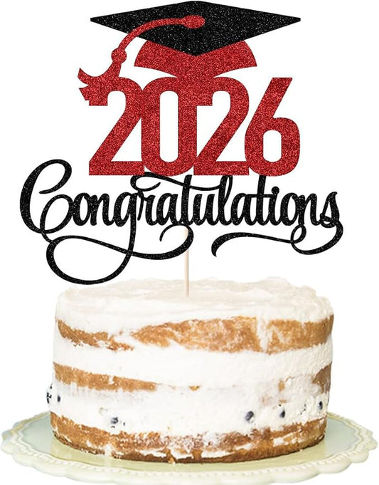 Black red Glitter 2026 Congratulations Graduation Cake Topper,Congrats Grad Cake Decor - 2026 High School/College/Senior Graduation Party Decorations Supplies
