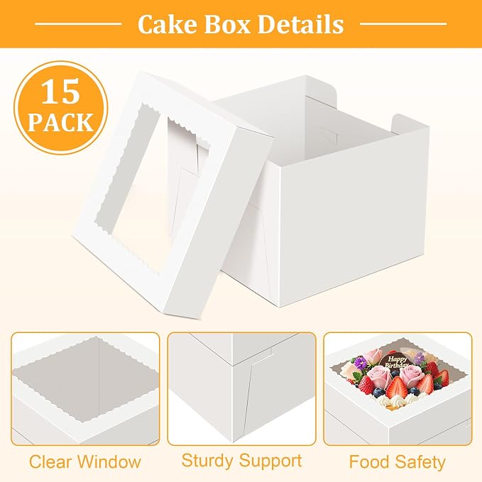15 PCS Cake Boxes 12 Inch, 12x12x6 Inch Cake Box, 12 Inch Cake Box with Window, White Bakery Boxes, Large Baking Boxes, Cajas Para Pasteles, 12x12 Cake Boxes for Birthday, Wedding, Party, Business