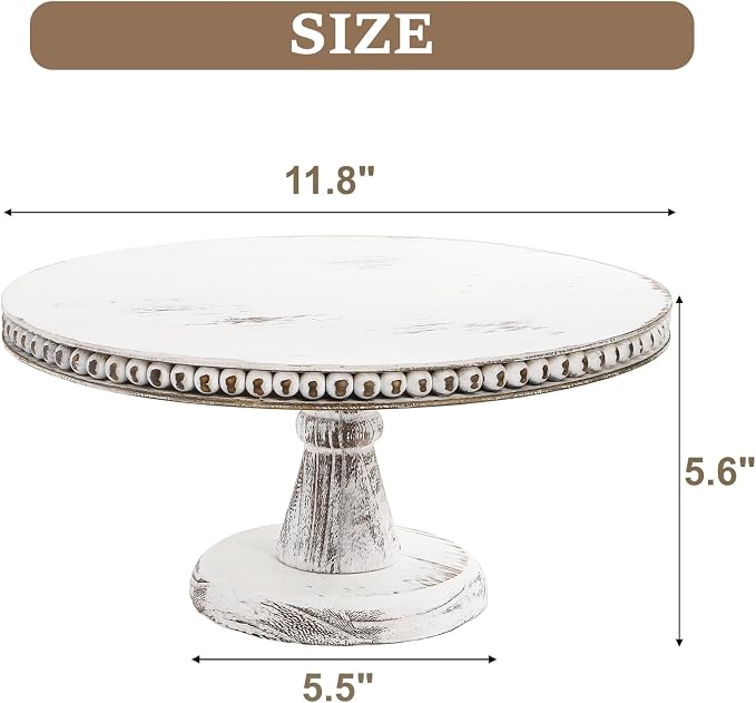 Peohud 12 Inch White Wood Cake Stand, Round Cupcake Pedestal Stand with Beads, Distressed Dessert Display Riser Tray for Wedding Birthday Christmas Party Table Decor