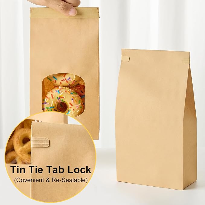 Ocmoiy Medium Bakery Cookie Bags with Window, 4.5x2.36x9.6 Inches, 100 Pcs | Tin Tie Tab Lock, Kraft Paper Bags, With Thank You Stickers, For Cookie, Coffee, Bread