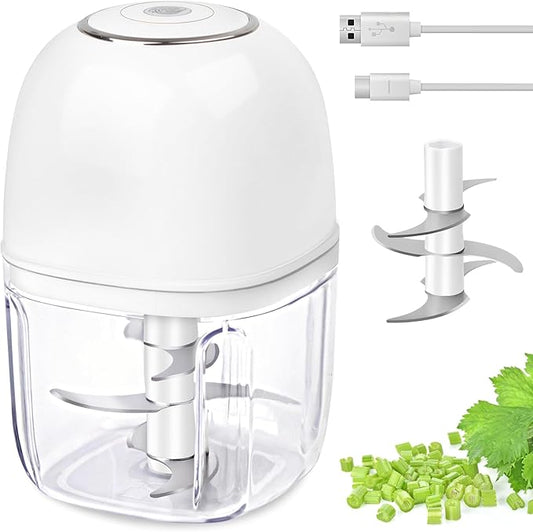 Wireless Food Chopper Mini, 350ml Cordless Food Processor, 1.4Cup Garlic Onion Chopper, Battery USB-C Rechargeable Electric Processor, Veggie Meat Blender, Small Kitchen Appliance Portable Mixer,White