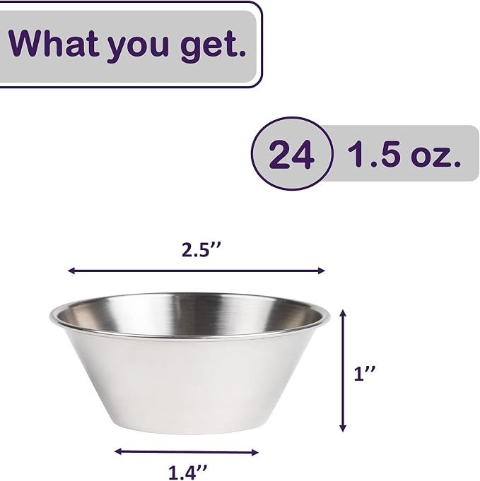 Nechtik Small Sauce Cups, Stainless Steel Ramekin Dipping Sauce Cup, Commercial Grade Individual Round Condiment cups (24 of 1.5 oz.)