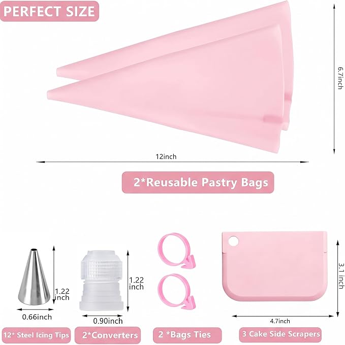 21Pcs Cake Decorating Tools: Reusable Pastry Bags & Tips Kit | 21pc Set Contain: 2 Reusable Icing Bags, 12 Tips, 3 Scrapers, 2 Couplers & 2 Bag Ties