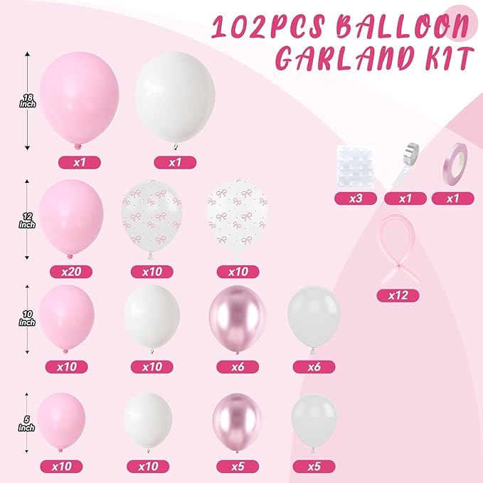 Bow Balloon Arch Kit, Pastel Baby Pink White Clear Bow Birthday Balloons for Princess Women Girl Pink Birthday Party Baby Shower Bachelorette Bridal Engagement Decorations