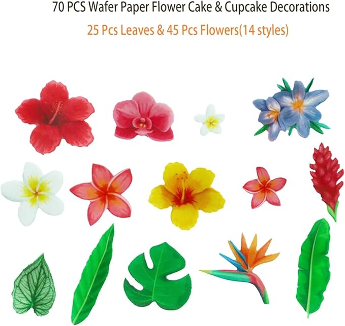 70pcs Edible Flowers Cake Decorations Tropical Hibiscus Flower & Leaf Wafer Paper Cake & Cupcake Toppers for Hawaiian Theme Birthday Party Decorating