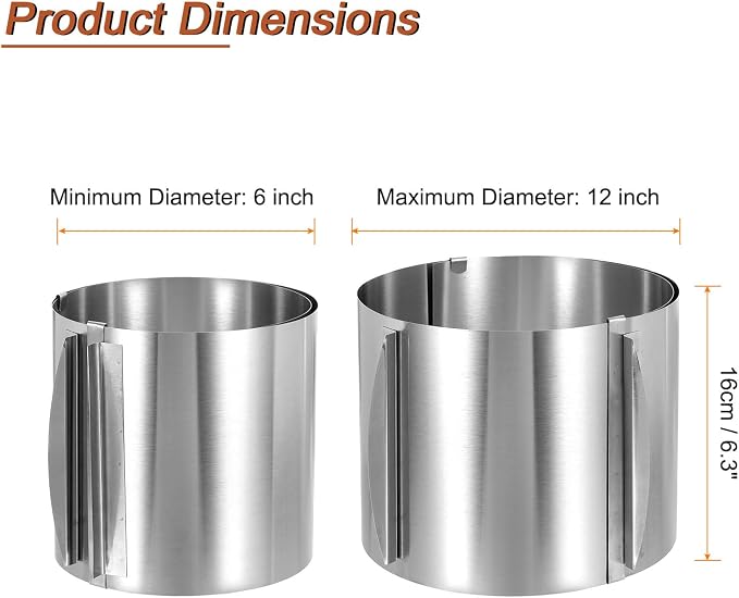 HARFINGTON 6" to 12" Cake Ring 16cm High Adjustable Round Cake Ring Stainless Steel Mousse Baking Moulds Bakeware Supplies for Baking Cooking Making Tool