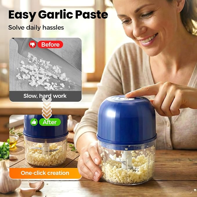 Electric Garlic Chopper, Mini Wireless Rechargeable Veggie Chopper with Stainless Steel Blades, Portable Food Processor for Onion Ginger Chili Meat, 260ml Small Kitchen Gadget (Light Green)