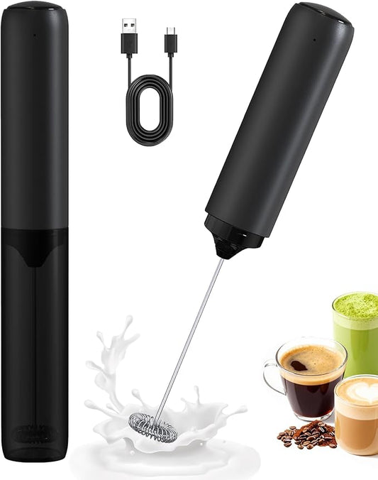 Rechargeable Milk Frother Handheld with Cover, Electric Drink Mixer with Stainless Steel Whisk - Portable Hand Frother Wand for Matcha Latte Cappuccino & Hot Chocolate, Single Speed