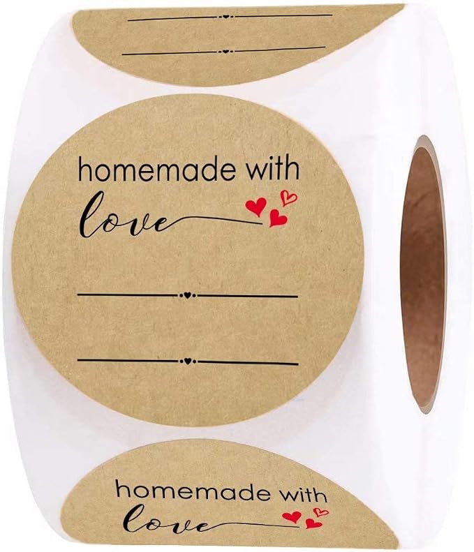 2 Inch Homemade with Love Sticker with Lines for Writing (500 Labels per roll) Brown Kraft Stickers for Canning Labels Jar, Store Owners, Crafts, Organizing, Gift, Price Tags, Envelop Seal