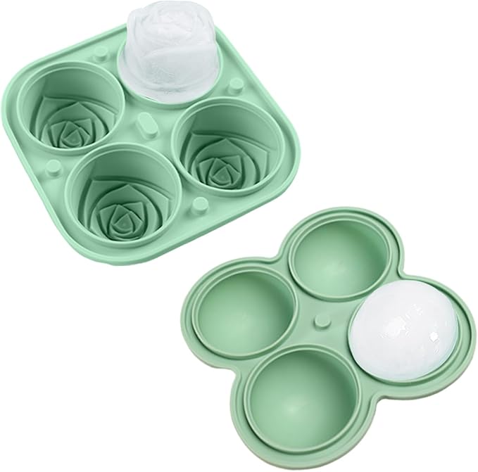 QELEG 2pcs Large Silicone Ice Cube Trays, 2.35 inches Ice Ball Maker with Lids & 2 inches 3D Rose Ice Molds for Gift, Drinks, Coffee, Cocktails, and Whiskey Set of 2, Green, Sphere and Rose
