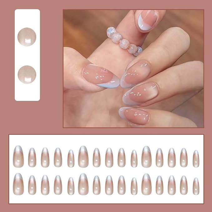 24Pcs French Press on Nails Short Almond ZWENJIE Cat Eye Fake Nails Press ons Nail Tips Stick on Nails Glossy Acrylic Nails Kit False Nails with Colorful Design Nail Art for Women Glitter Manicure