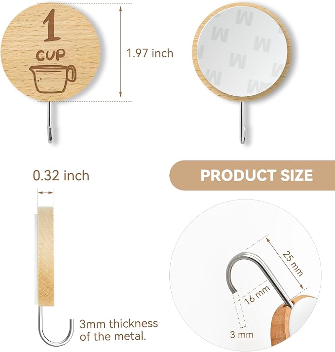 Measuring Cup and Spoon Organizer, 12 Pack Adhesive Wood Hooks for Hanging with 6 Kitchen Conversion Chart Stickers, Kitchen Hooks for Space Saving Storage