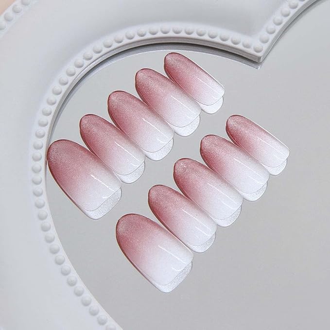 24Pcs Press on Nails Short Almond ZWENJIE Cat Eye Fake Nails Press ons Nail Tips Stick on Nails Glitter Tip Acrylic Nails Kit French False Nails with Butterflies Design Nail Art for Women Manicure