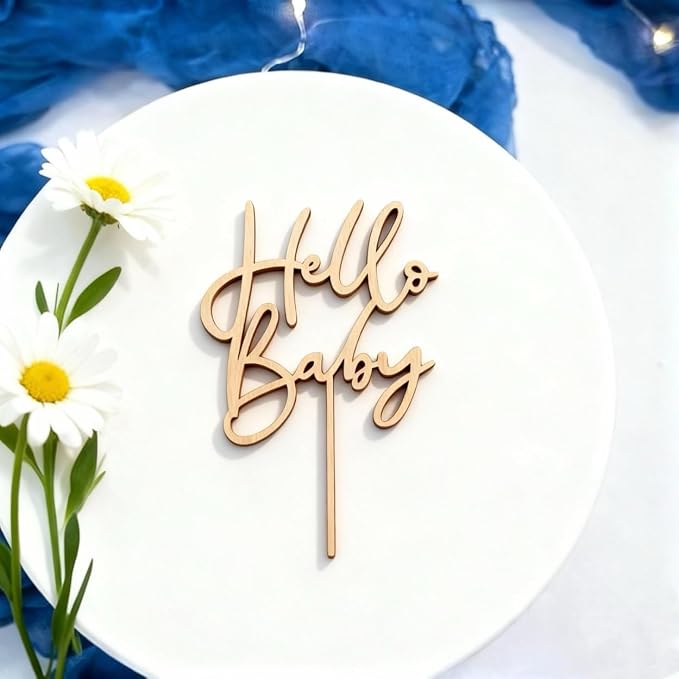 Hello Baby Wooden Cake Topper - Baby Shower Cake Decorations, Gender Reveal Party Supplies, Baby Birthday Decor & Photo Booth Props for Baby Shower Favors