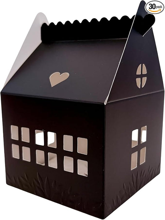 30 Pcs Cottage House Cookie Boxes with Window & Business Card Holder, Black, 4 x 4 x 6 in Bakery Gift Boxes for Treats, Desserts, Party Favors & Realtor Pop By Gifts