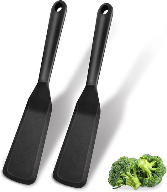 Dioycli Silicone Spatulas for Cooking Heat Resistant Pancake Spatula, Non Stick Long Omelette Spatula Turner Bpa Free 2 Pieces for Crepes Egg Burgers Pizza Cookie (Black)