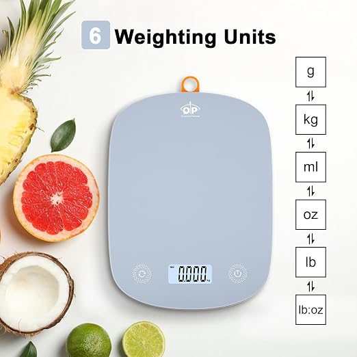 QP Digital Kitchen Food Scales,11 lb/5 kg,Suitable for Coffee and Cooking | 6 Units,1g High Accuracy,Touch Control,Tare Function, Auto Off,Ultra Slim,With Hook,Blue