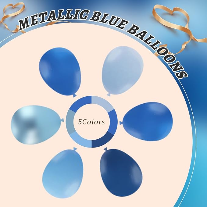 160Pcs 12 Inch Metallic Blue Balloons Chrome Navy Pearl Pastel Macaron Light Blue Latex Balloons for Birthday Wedding Baby Shower Graduation Party Decorations
