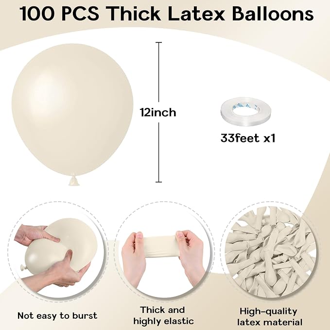 Jobkoo Sand White Balloons, 12 Inch, 100 Pack - Boho, Cream, Matte, Retro, Off White, Neutral, Helium Balloons for Birthday, Wedding, Baby Shower Parties